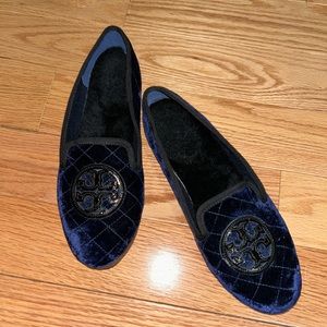 Tory Burch Billy 2 Women's Navy Velvet Grosgrain Loafer Slipper Fleece SIZE 8